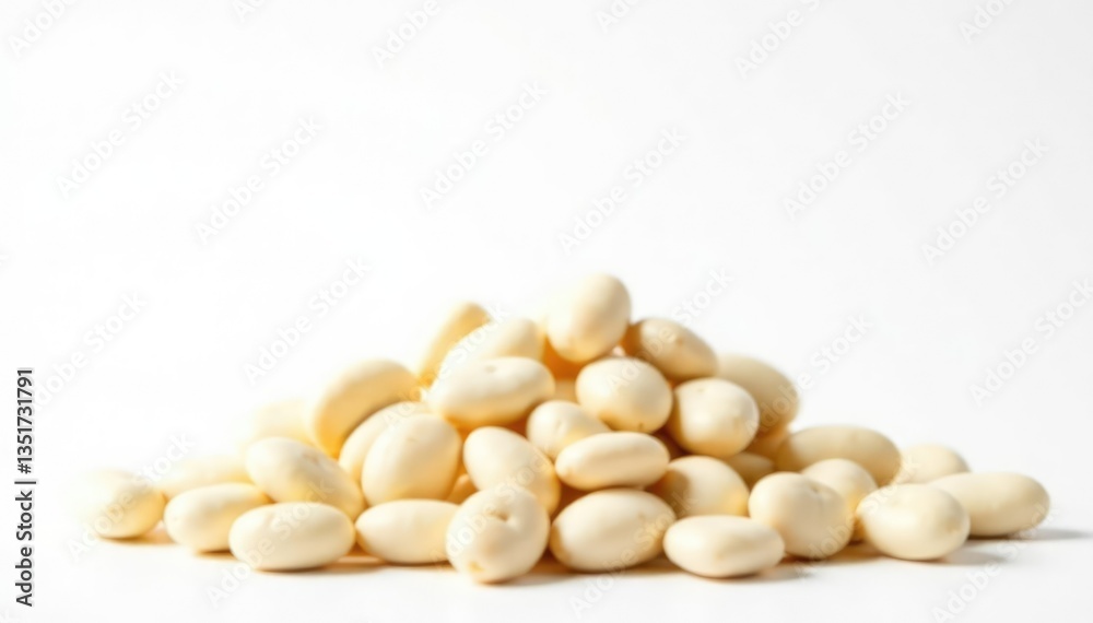 Pile of white beans against stark white backdrop, simple, plant based Pile of white beans against stark white backdrop, simple, plant based