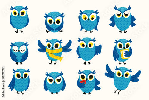 Cute owl character. Cartoon simple funny night bird with various emotions, comic childish owl mascot flat style. Vector birds isolated set