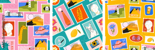 Summer stamp pattern. Seamless travel post mail stickers, print of retro postmark with cartoon vacation symbols, tourist postage label design. Vector stamps texture