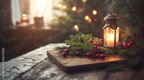 Rustic table with a cutting board, holiday greenery, cranberries, and a lit lantern casting a festive glow, creating a cozy ambiance, medium close-up framing.  