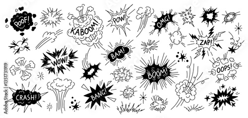 Comic doodle boom. Cartoon line explosion pop bang effect with speech bubble and puff cloud. Vector sketchy fight explosion graphic collection