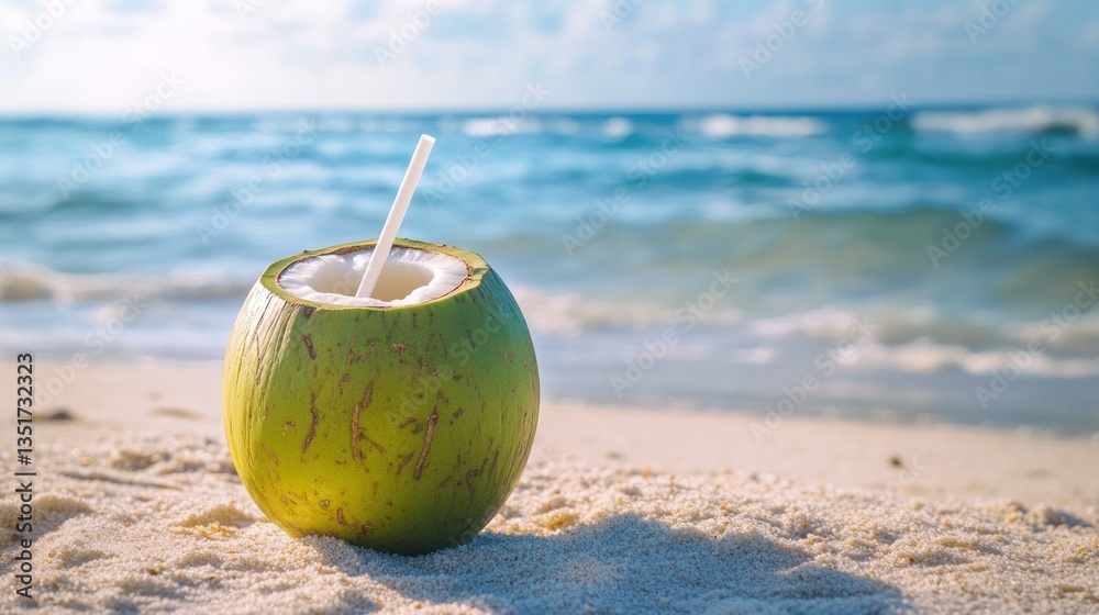 Fresh green coconut with white straw drinking isolated on beach Fresh green coconut with white straw drinking isolated on beach