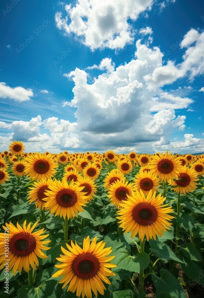 Fototapeta premium Vast sunflower field under a dramatic blue cloudy sky, agriculture, flower, farmland