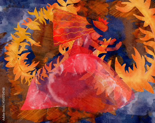 A blindfolded girl walks through a fire. The princess is being tested by fire.The watercolor illustration is made using collage technique. Design for children's illustrations and books.