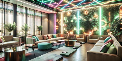Wallpaper Mural A vibrant and modern lounge featuring colorful neon lights and stylish furnishings, creating a chic and inviting atmosphere. Torontodigital.ca