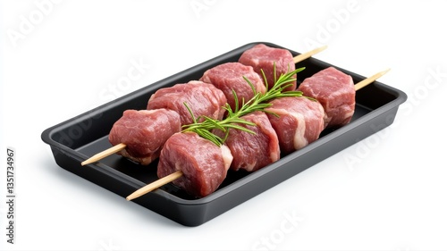 Fresh raw meat skewers on a black tray with a rosemary garnish, ready for grilling or roasting.