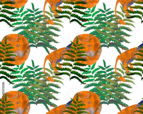 Watercolor illustration of a lion. Seamless lion and fern leaf pattern. It is made in the collage technique for the design of children's goods

