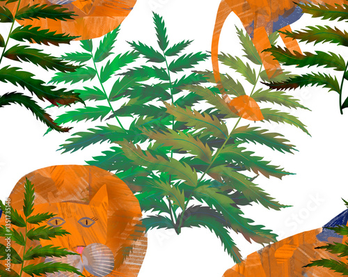 Watercolor illustration of a lion. Seamless lion and fern leaf pattern. It is made in the collage technique for the design of children's goods
