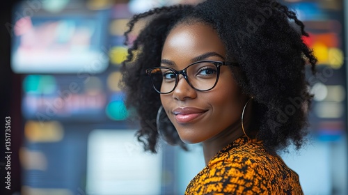 Confident African American Woman Financial Trader Analyzing Market Data in Modern Office – Finance and Investment Concept photo