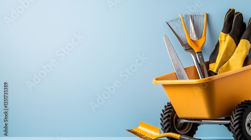 Gardening tools in a yellow wheelbarrow against a light blue background.  Ready for spring planting