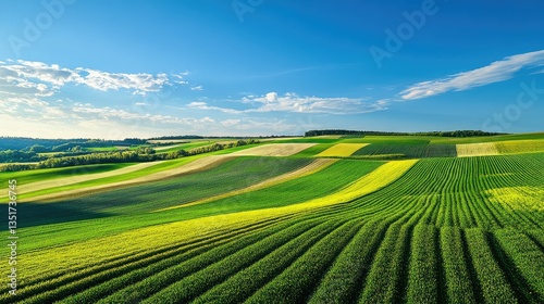 Bright agricultural fields stretched to the horizon, forming geometric patterns of different shades of green against a bright blue sky.