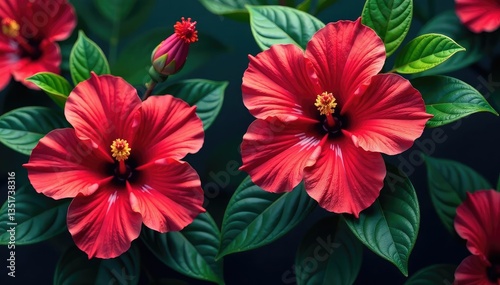 Bold hibiscus flowers, lush leaves, seamless texture , vintage, seamless, colorful