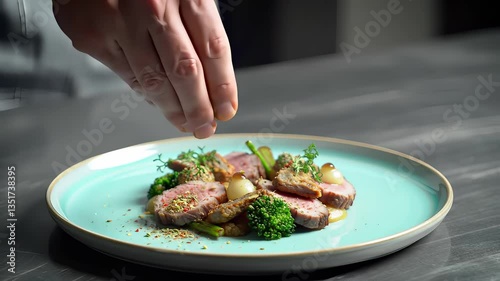 Culinary Expert Garnishes Gourmet Dish With Fresh Herbs and Sauce for a Stunning Presentation