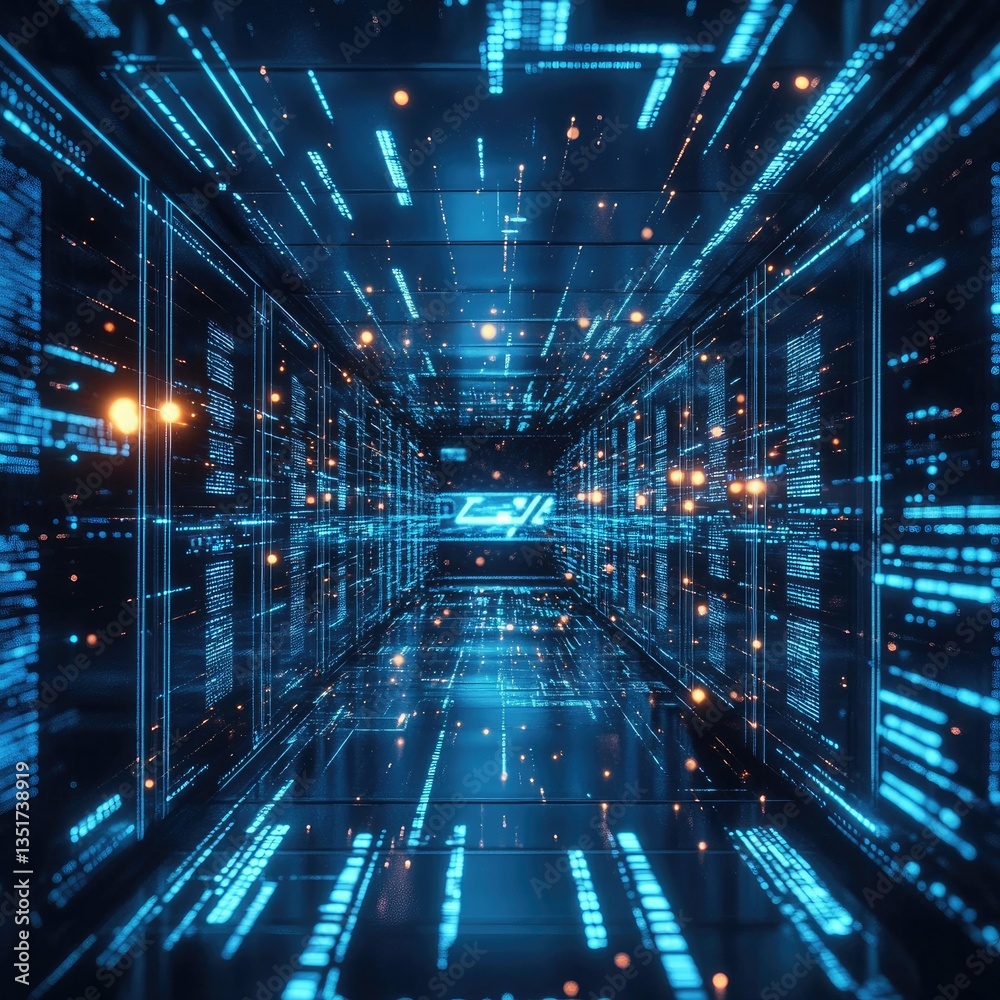 Fototapeta premium Digital Data Stream Tunnel With Glowing Lines, Information Technology, Code, Dark Ambiance