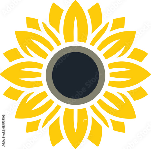 Minimalist Sunflower Symbol 
This digital artwork features a modern, minimalist sunflower design with a bold, geometric aesthetic. The symmetrical petals are stylized with golden-yellow hues