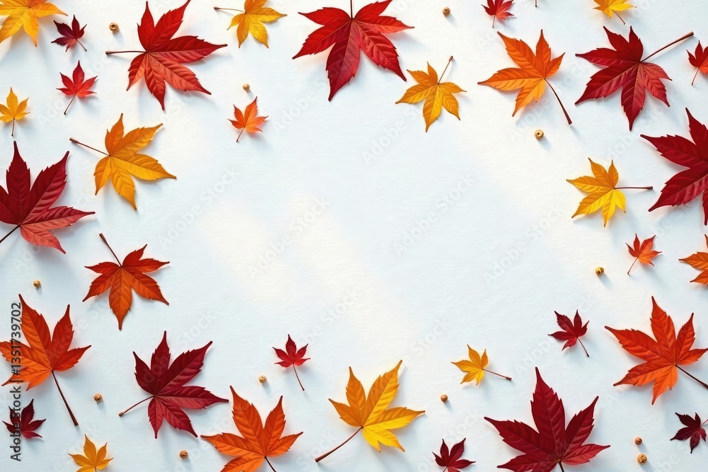 Delicate maple leaves scattered on a snowy white background, color, autumn, forest floor Delicate maple leaves scattered on a snowy white background, color, autumn, forest floor