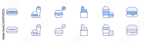 Fast food icon set in two styles, Duotone and Thin Line style. Editable stroke. groceries, hot dog, fast food, burger