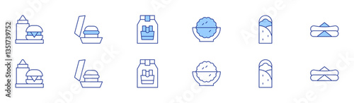 Fast food icon set in two styles, Duotone and Thin Line style. Editable stroke. hamburger, burger, french fries, pop corn, shawarma, hot dog