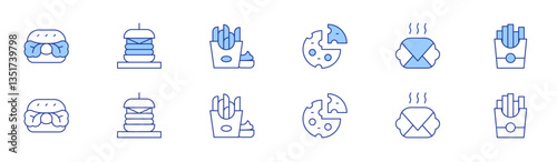 Fast food icon set in two styles, Duotone and Thin Line style. Editable stroke. hamburger, french fries, cheese, burger