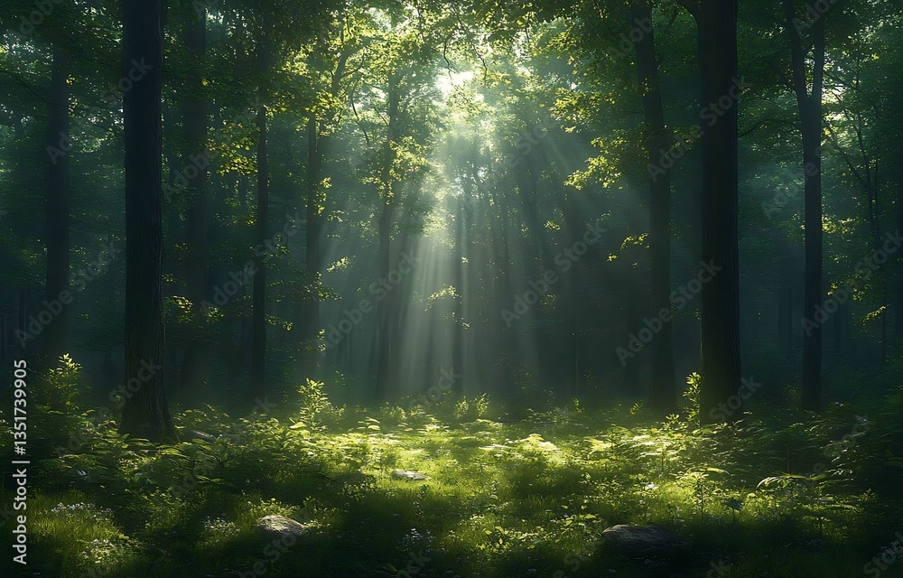 Naklejka premium Sunlight Streaming Through Forest Canopy, Illuminating Lush Greenery