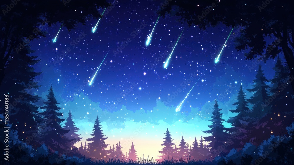 Fototapeta premium A serene night sky filled with shooting stars over a forest, creating a magical and tranquil atmosphere.