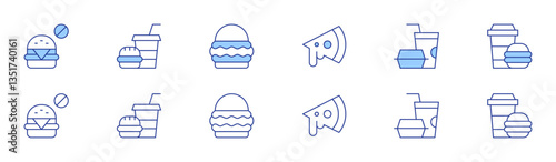 Fast food icon set in two styles, Duotone and Thin Line style. Editable stroke. no fast food, fast food, pizza, burger