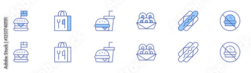Fast food icon set in two styles, Duotone and Thin Line style. Editable stroke. onion ring, hamburger, food box, hot dog, no fast food, burger