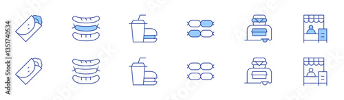 Fast food icon set in two styles, Duotone and Thin Line style. Editable stroke. sausage, burrito, food truck, sausages, fast food