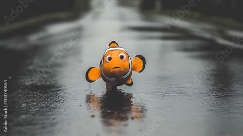 Lost clownfish on wet road.
