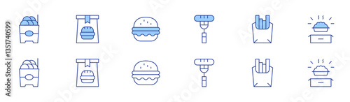 Fast food icon set in two styles, Duotone and Thin Line style. Editable stroke. sausage, french fries, fritter, food box, food package, burger