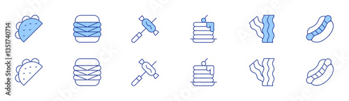 Fast food icon set in two styles, Duotone and Thin Line style. Editable stroke. taco, burger, sausage, pancakes, bacon, hotdog