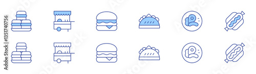 Fast food icon set in two styles, Duotone and Thin Line style. Editable stroke. taco, burgers, food cart, fast food, hot dog, burger