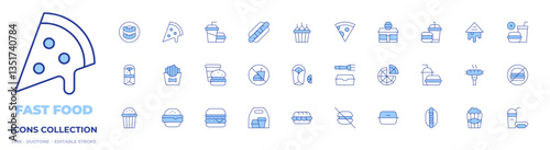 Fast food icons collection. Line Duotone style, editable stroke. burrito, sandwich, popcorn, chicken bucket, calamari sandwich, sausage, sausages, hot dog, food photo