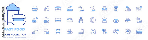Fast food icons collection. Line Duotone style, editable stroke. french fries, hamburger, soft drinks, sandwich, pizza, cheese, hot dog, burger, taco, food stall