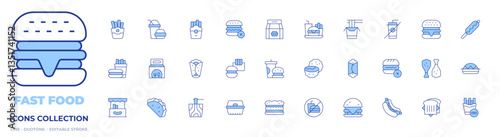 Fast food icons collection. Line Duotone style, editable stroke. sandwich, nachos, french fries, noodle, shawarma, burrito, noodles, burger, corn dog, no junk food