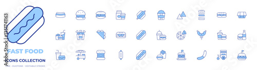 Fast food icons collection. Line Duotone style, editable stroke. sausage, burger, bread, popcorn, chicken bucket, sandwich, nachos, hot dog, hotdog, hamburger, pizza