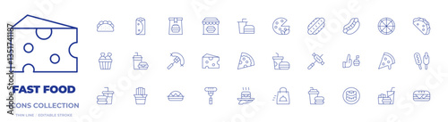 Fast food icons collection. Thin Line icons, editable stroke. chips, pizza, sandwich, nachos, sausage, sausages, hot dog, cheese, hotdog, taco, pizza slice, burger