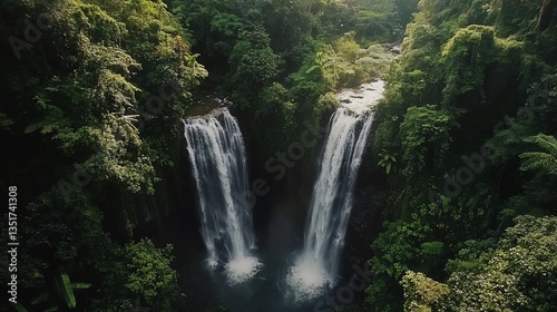 Majestic Twin Waterfalls Flowing Through Lush Greenery in Tropical Paradise
