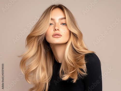 A mannequin head with a blonde balayage wig, styled in elegant waves, placed against a muted pastel background