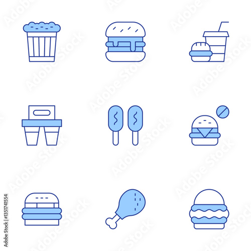 Fast food icons set. Line Duotone style, editable stroke. burger, pop corn, soda, corn dog, chicken leg, no fast food, fast food