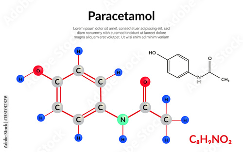 Paracetamol or acetaminophen, analgesic drug, molecular structure formula, ball-and-stick model, suitable for education or chemistry science content
