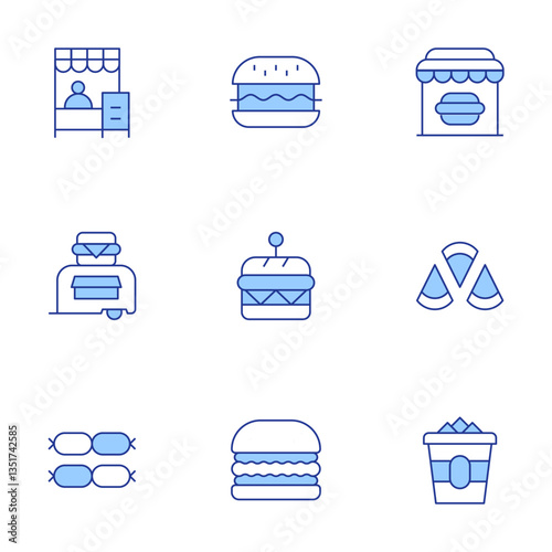 Fast food icons set. Line Duotone style, editable stroke. sausage, hamburger, manchego, nuggets, food truck, fast food, burger