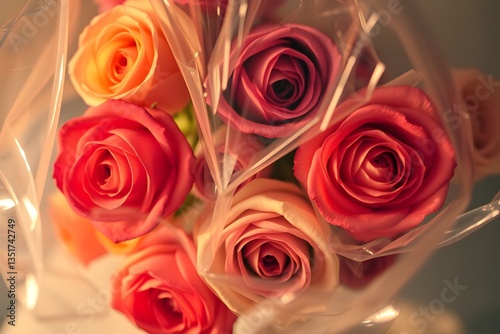 Dreamy atmosphere, soft light, overhead view of colorful roses in cellophane, gentle color contrasts, hazy, ethereal quality, soft focus photo
