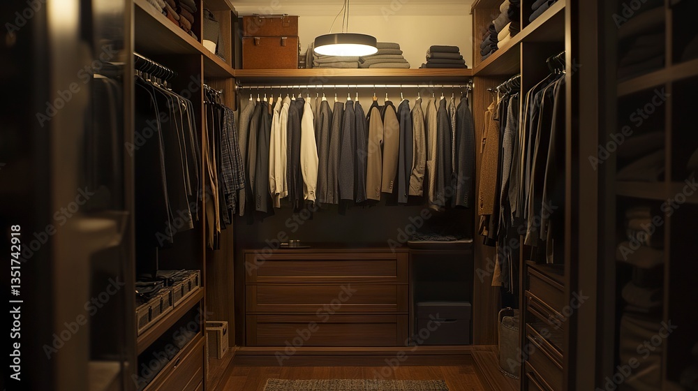 Obraz premium Stylish closet-room minimalist design with clothing in muted tones streamlined racks and drawers soft lighting adds a warm and organized feel.