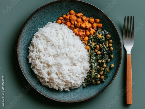 Colorful plate of rice and vegetables dish.