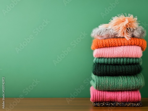 Colorful stack of cozy knitted hats.