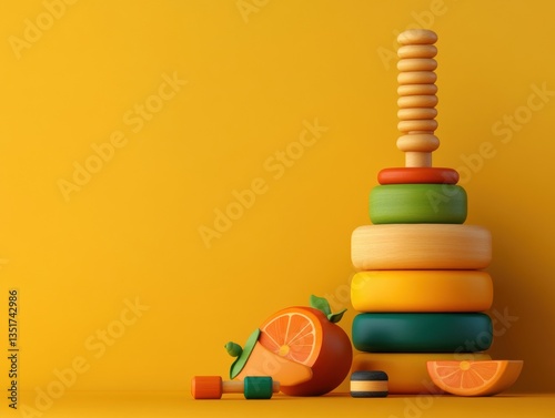Colorful stacking toy with orange fruits.