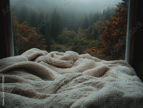 Cozy bed with blanket by the foggy window.