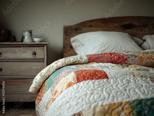 Cozy bedroom with colorful quilt on the bed.