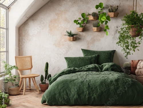 Cozy bedroom with green decor and plants.